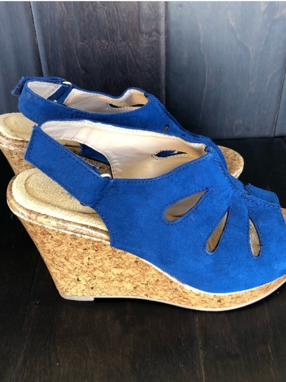 Avon Cushion Walk Royal Blue Suede Cork Wedge Sandals